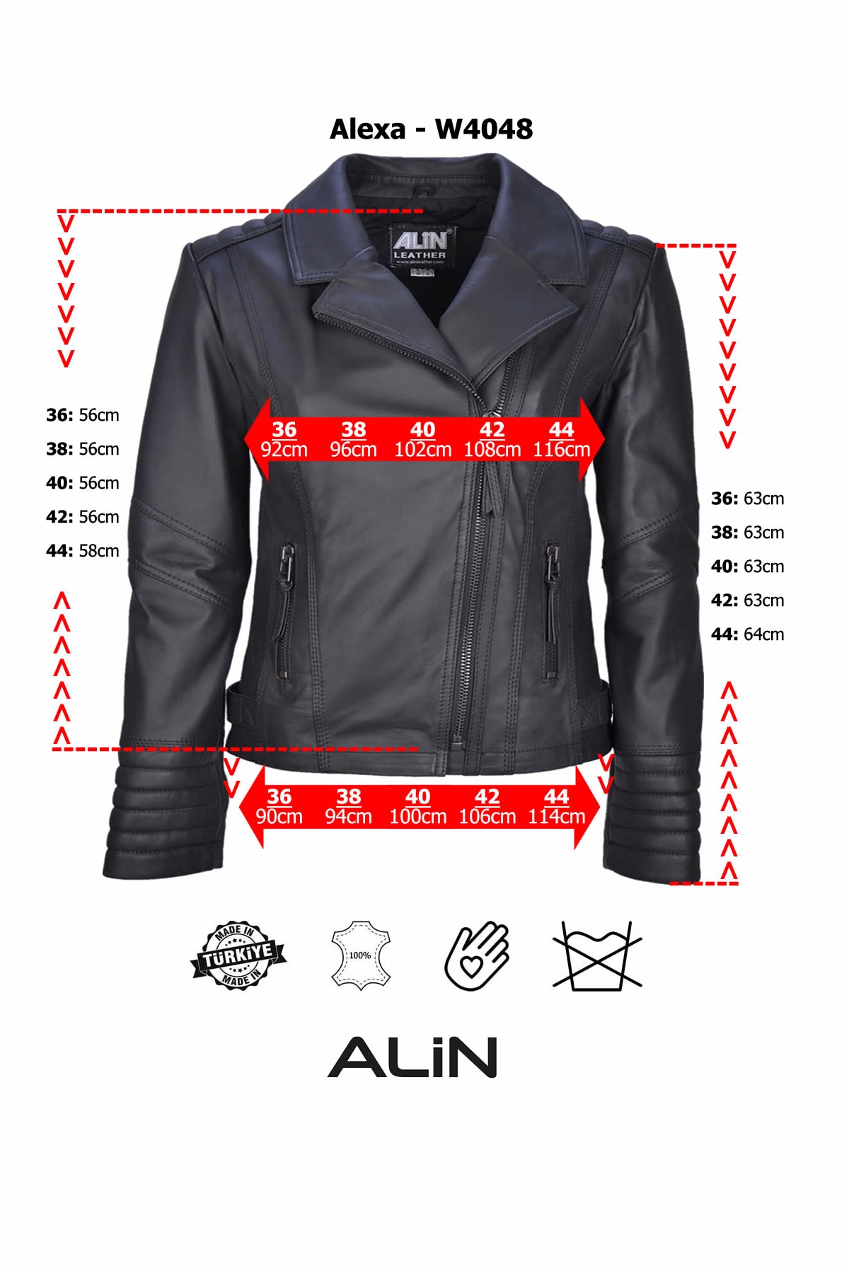 Alin Leather - Alexa Women’s Biker Leather Jacket Size Graph