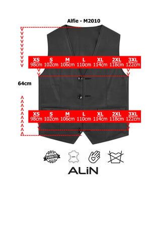 Alin Leather - Alfie Button Up Men's Leather Waistcoat Size Graph