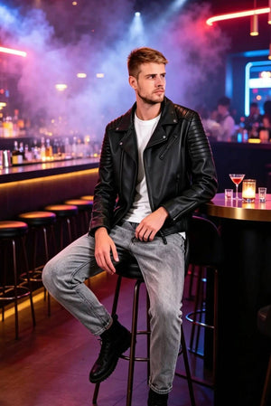 Men's Biker Leather Jacket Echo, Black Genuine Leather