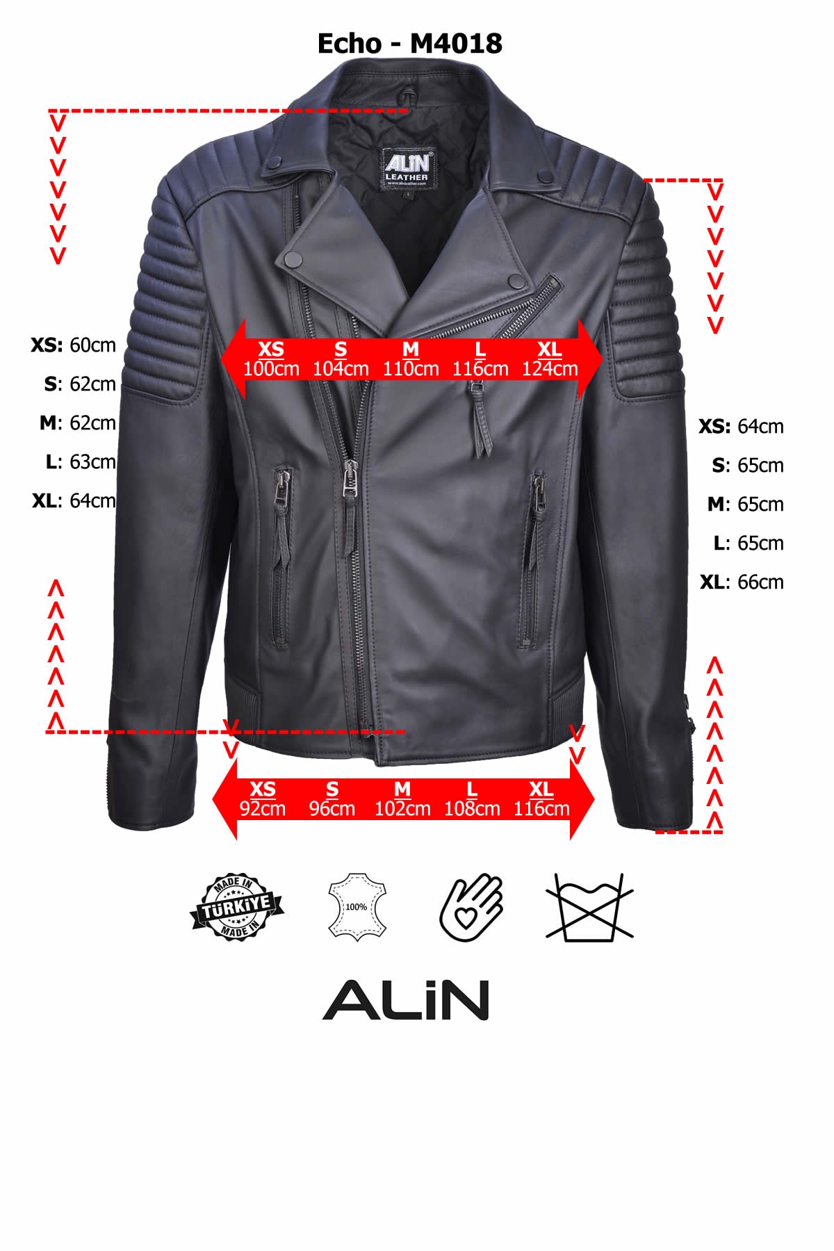 Alin Leather - Echo Biker Style Men's Leather Jacket Size Graph