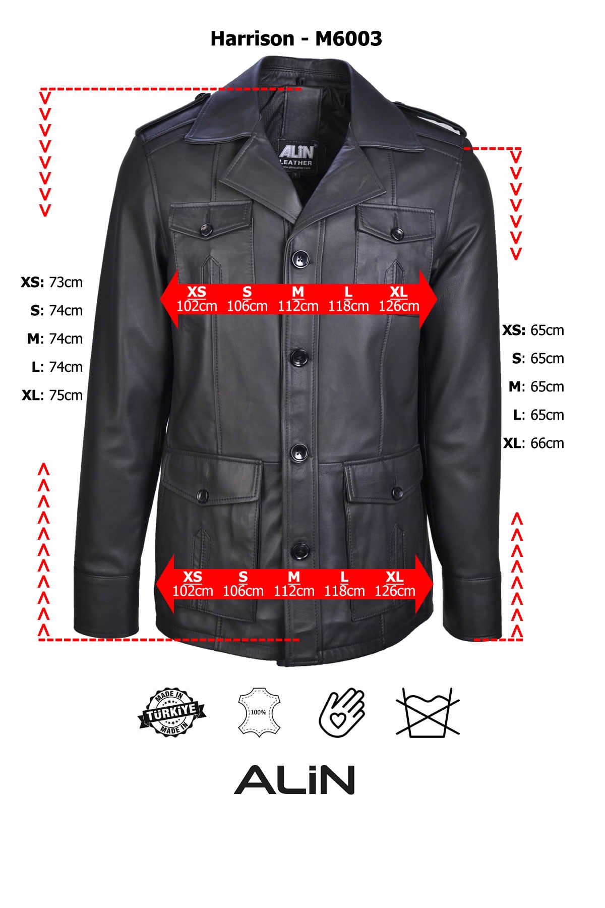 Alin Leather - Echo Biker Style Men's Leather Jacket Size Graph