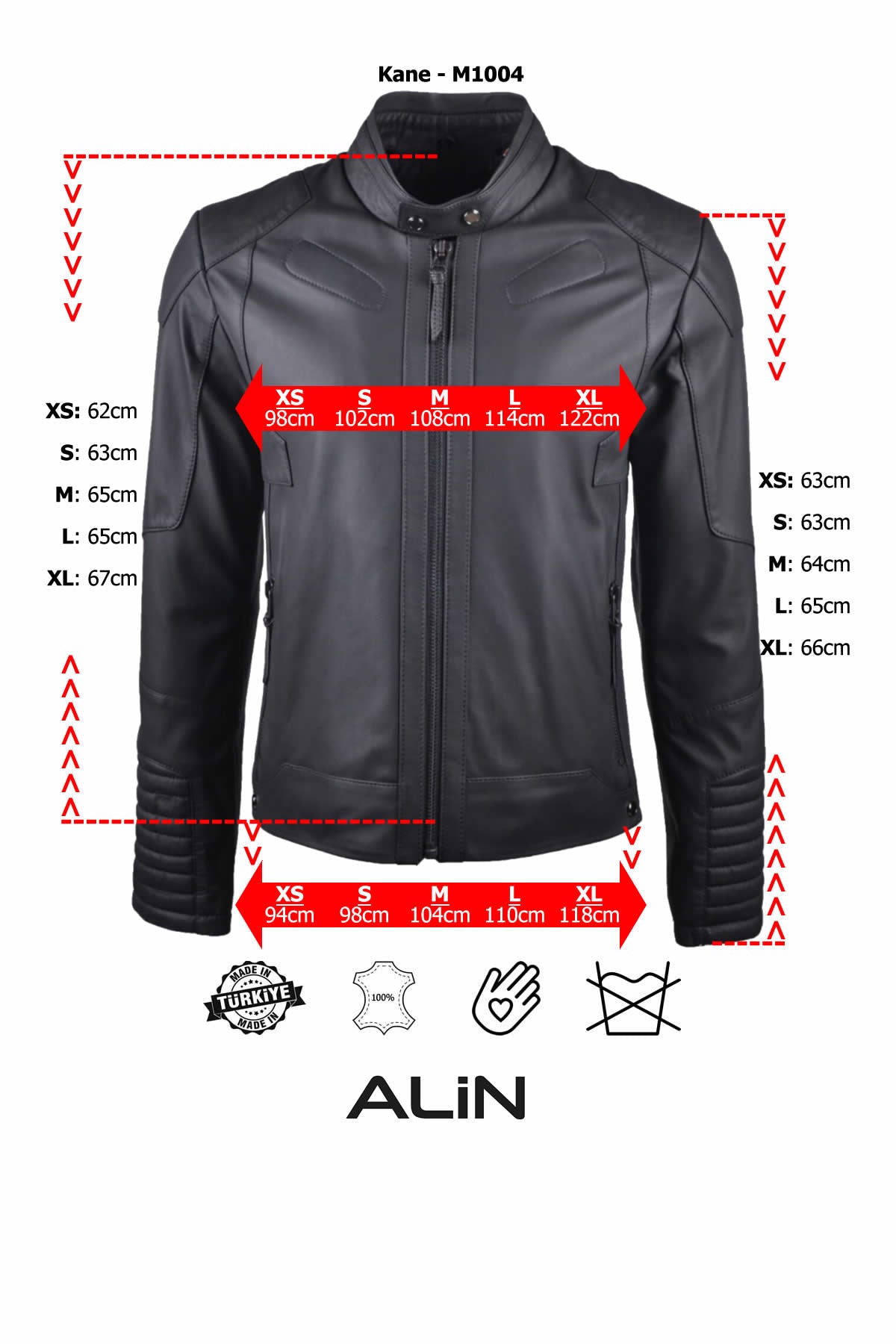 Alin Leather - Kane Men's Fitted Genuine Leather Jacket Size Graph