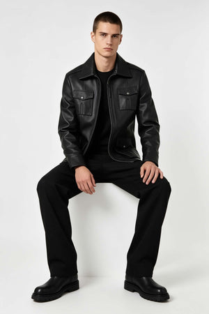 Kaya Men’s Zip-Up Black Leather Coat, Genuine Leather