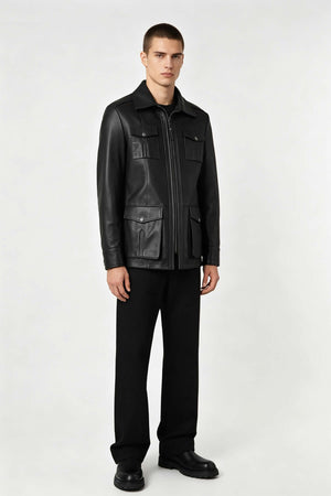 Kaya Men’s Zip-Up Black Leather Coat, Genuine Leather