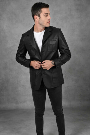 ALiN Martell Button-Up Men’s Black Leather Blazer, Genuine Leather