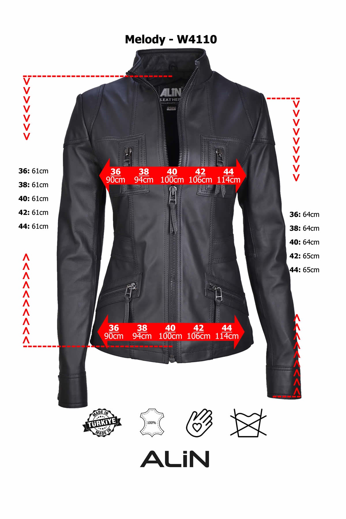 Alin Leather - Melody Slim Fit Women's Leather Jacket Size Graph