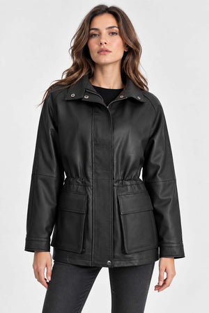 ALiN Women's Genuine Leather Raglan Sleeve Leather Jacket Black – On Model