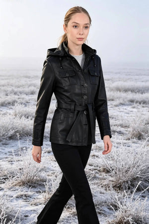 Alin Leather - Sansa Hooded Women's Black Leather Coat