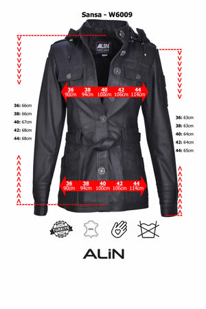 Alin Leather - Sansa Hooded Women's Leather Coat Size Graph