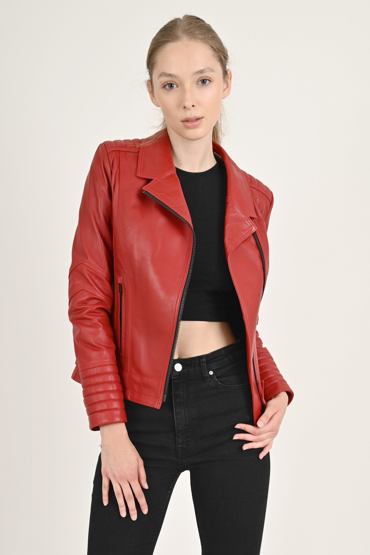 Alexa Damen Biker Rote Lederjacke
