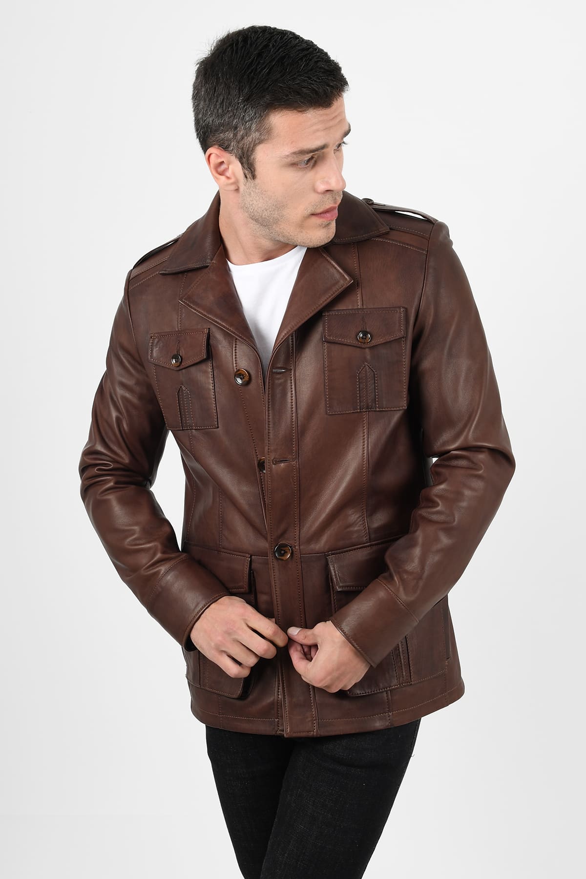 Harrison Safari Men’s Real Brown Leather Coat