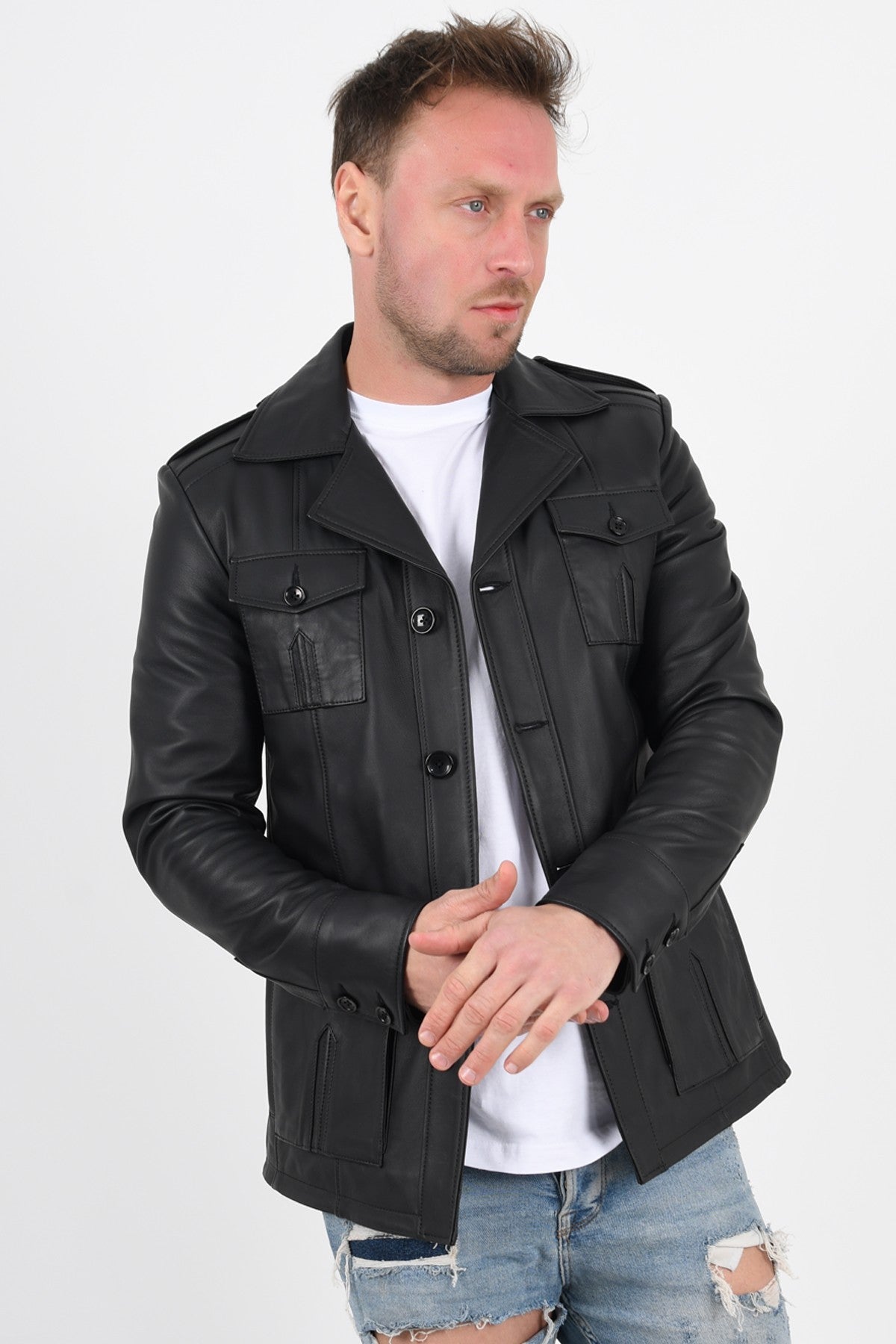 Black Leather Button Up Jacket Men's