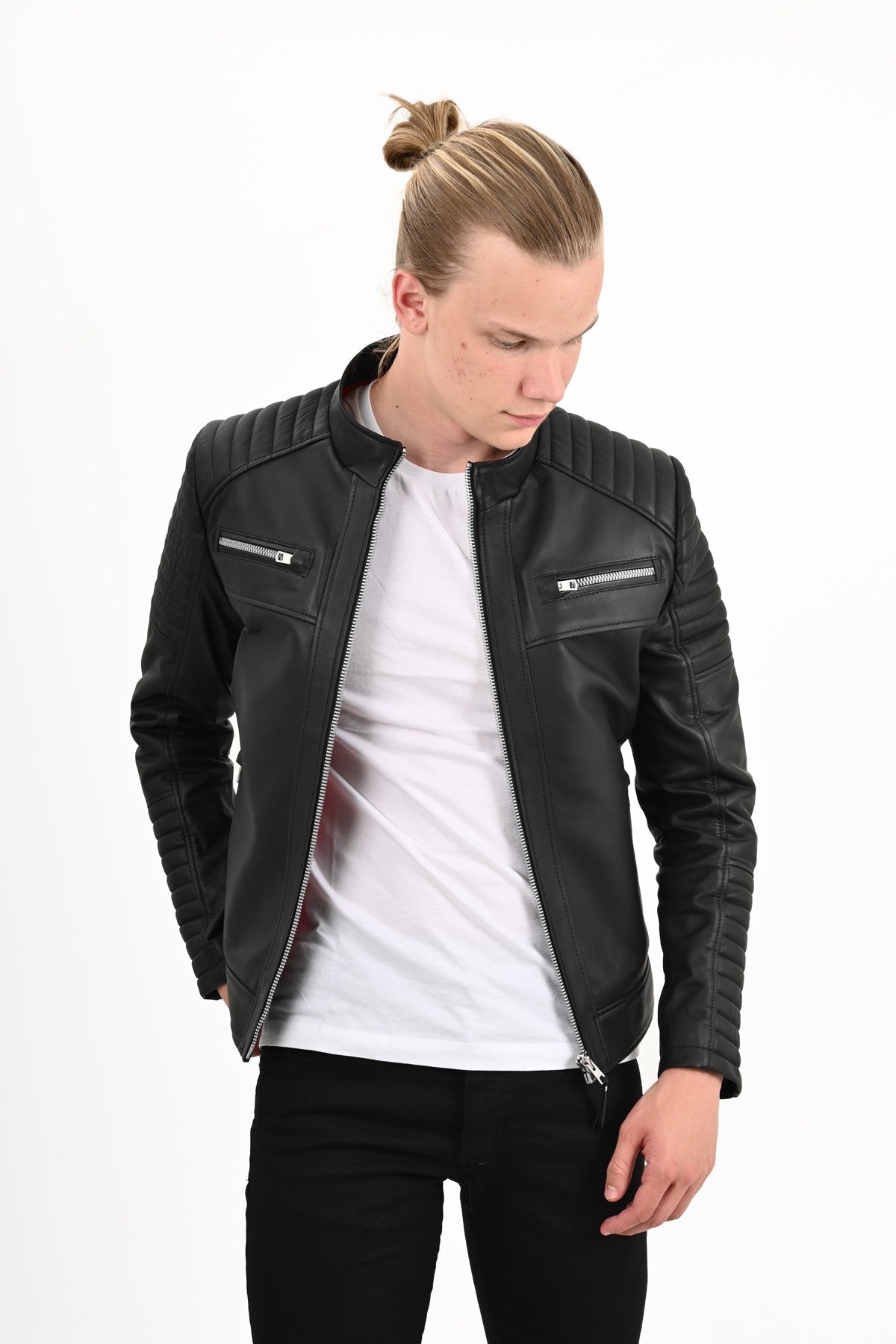 Sandor Slim Fit Herren-Lederjacke in Weiß