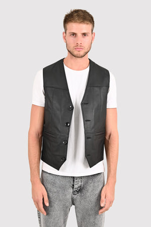 Alin Leather - Alfie Button Up Men's Black Leather Waistcoat