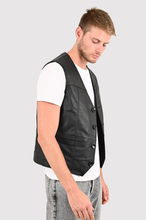 Alin Leather - Alfie Button Up Men's Black Leather Waistcoat