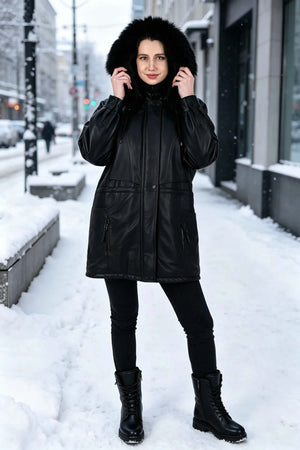 ALiN Bridget Women's Genuine Leather Fur Hooded Leather Coat Black
