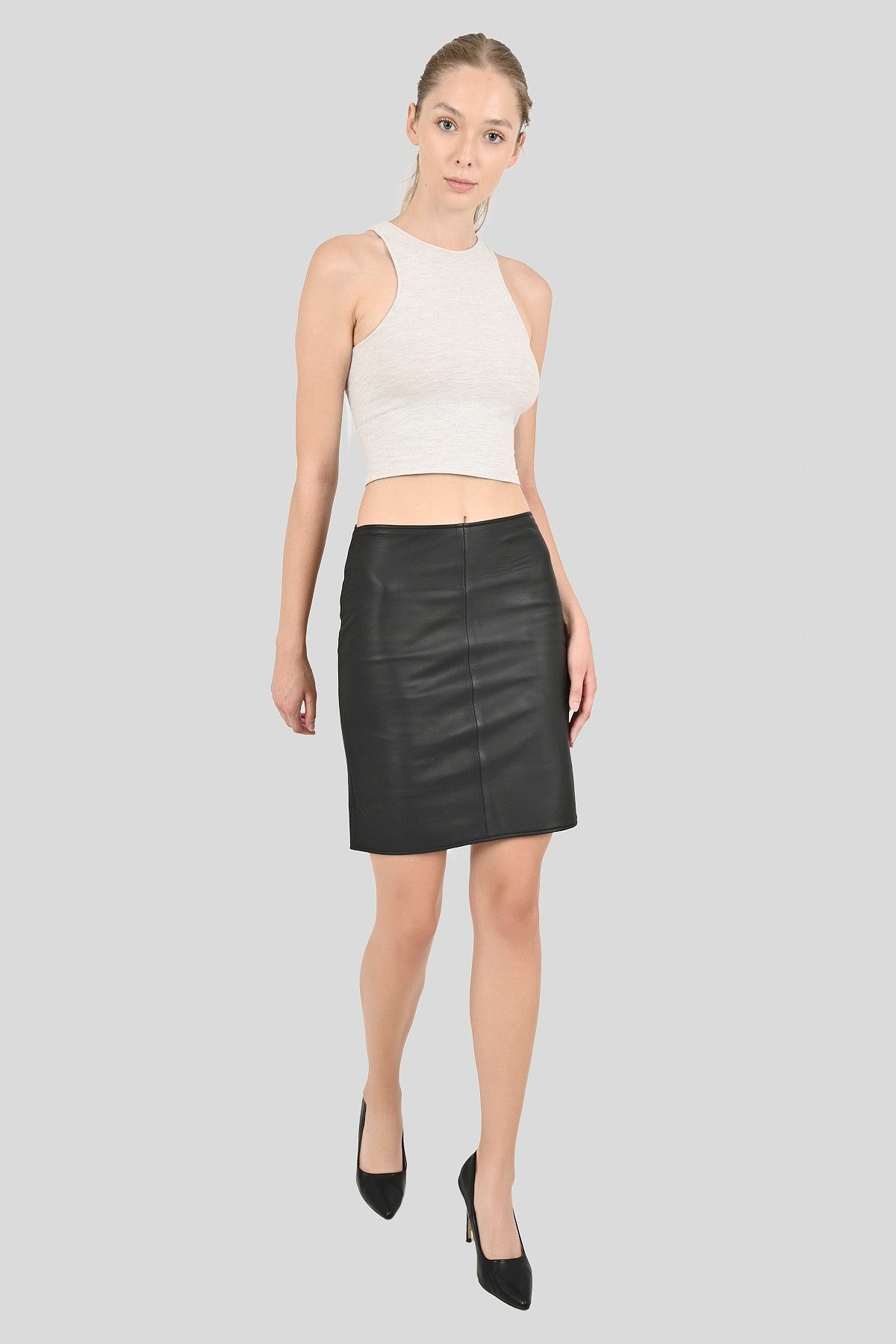 ALiN Chloe Women's Genuine Leather Mid-Length Leather Skirt Black
