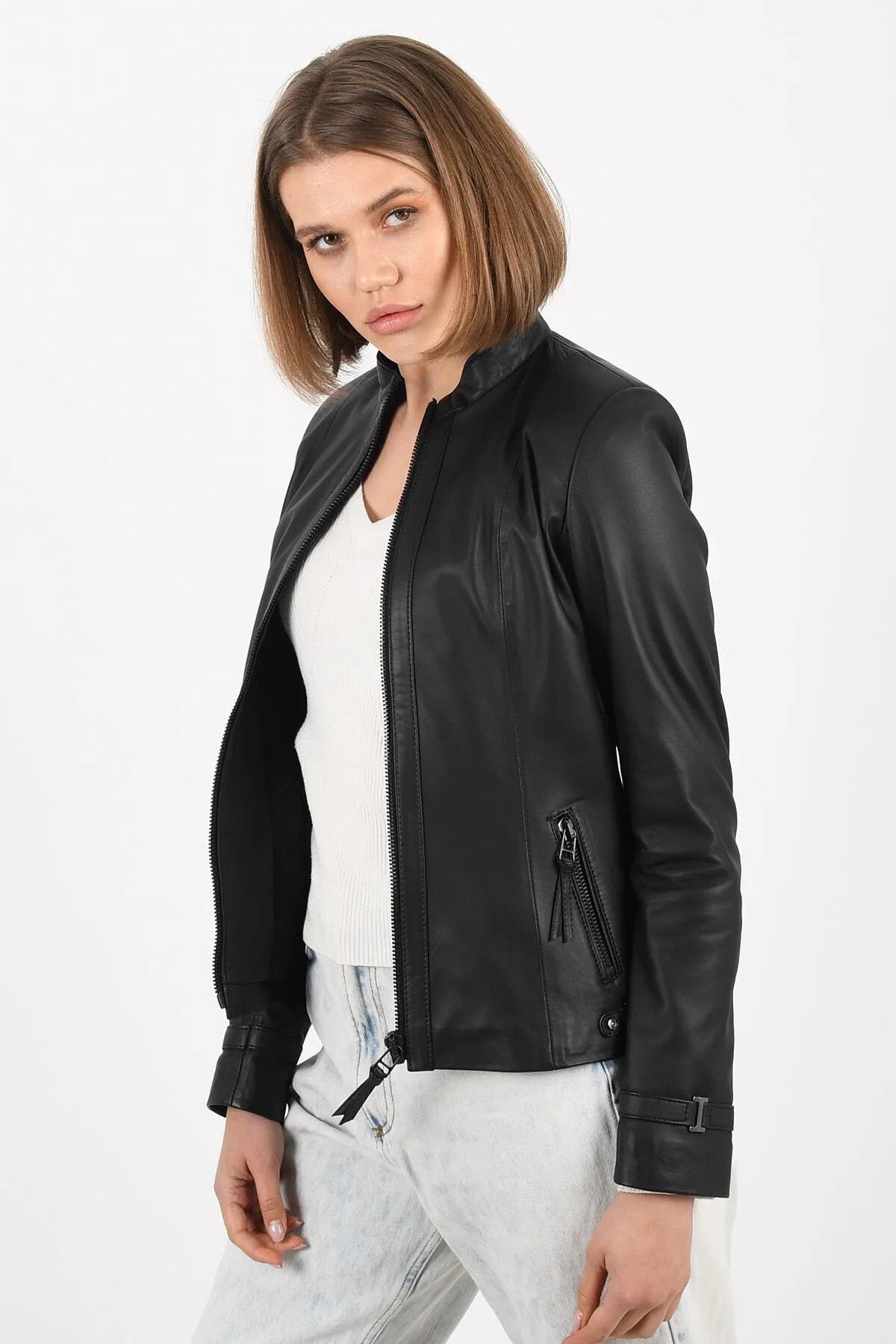 ALiN Kibyra Women's Genuine Leather Fitted Leather Jacket Black