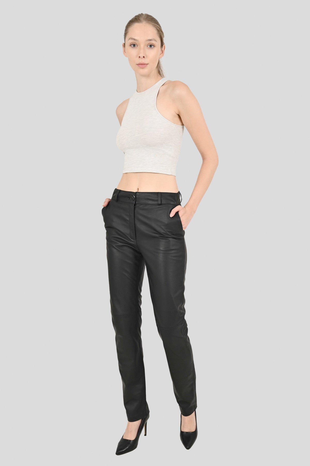 ALiN Lee Women's genuine Leather Side Pocket Leather Trousers Black