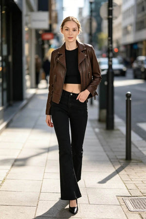 ALiN Liberty Women’s Genuine Leather Biker Style Leather Jacket Brown