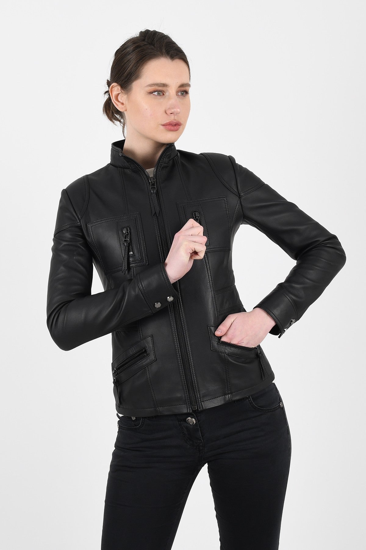 ALiN Melody Women's Genuine Leather Slim Fit Leather Jacket Black