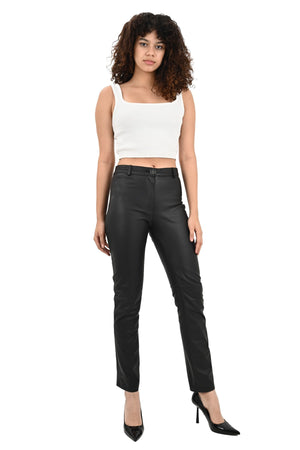 ALiN Pepe Women's Genuine Leather Pocketless Leather Trousers Black