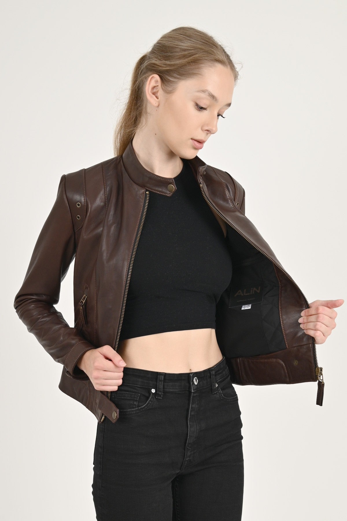 ALiN Rio Women's Genuine Leather Short Fitted Leather Jacket Brown