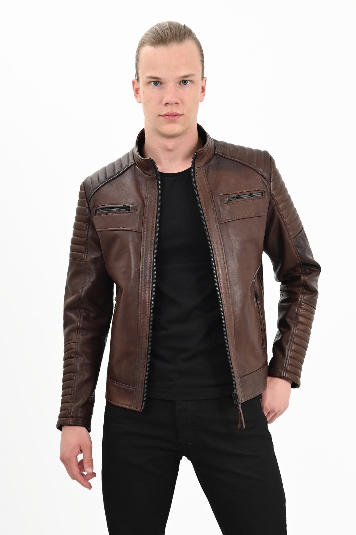 ALiN Sandor Men’s Genuine Leather Quilted Leather Jacket Brown