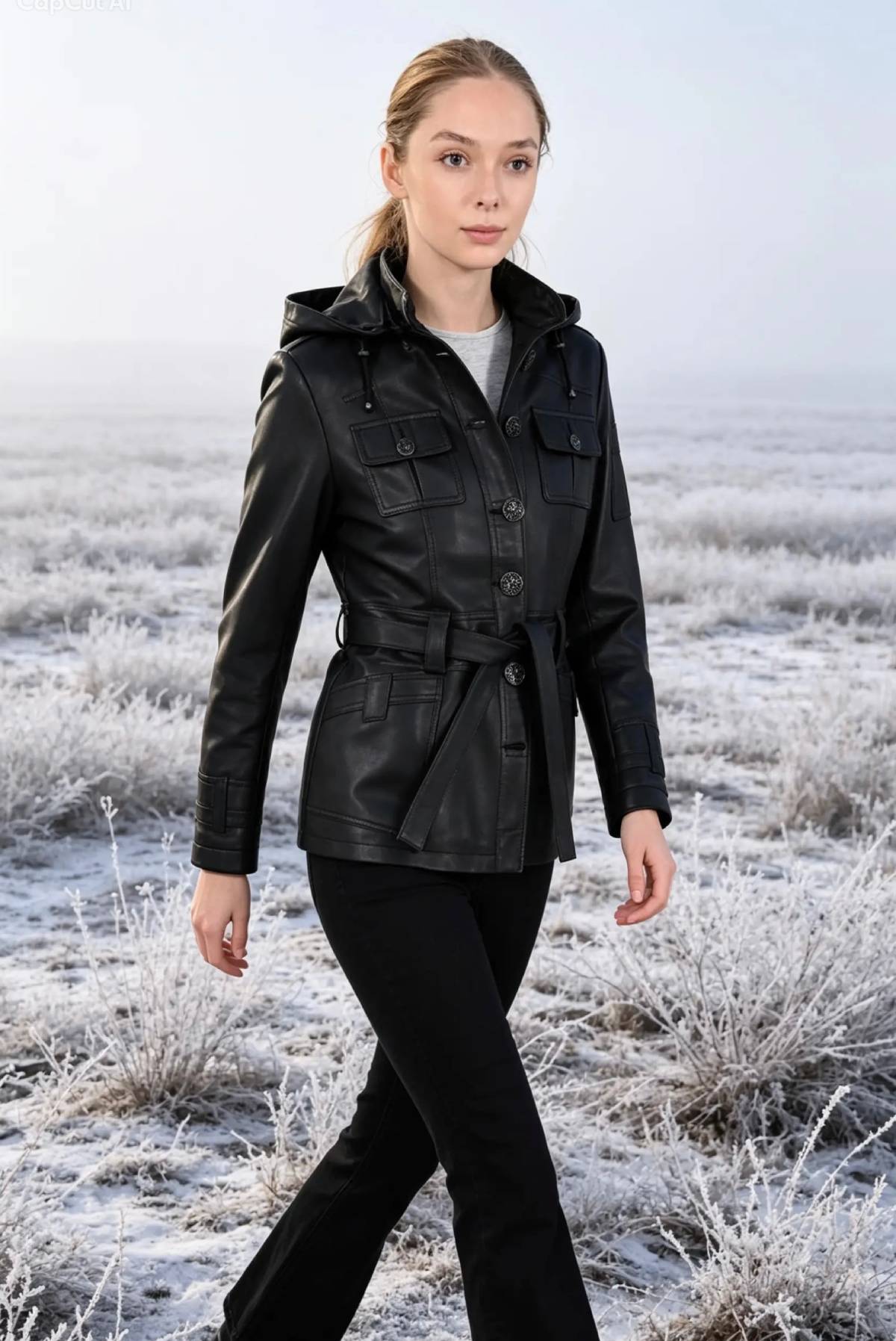ALiN Sansa Women's Genuine Leather Hooded Leather Coat Black