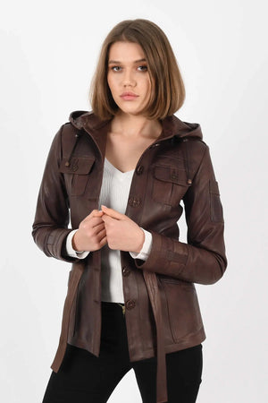 ALiN Sansa Women's Genuine Leather Hooded Leather Coat Brown