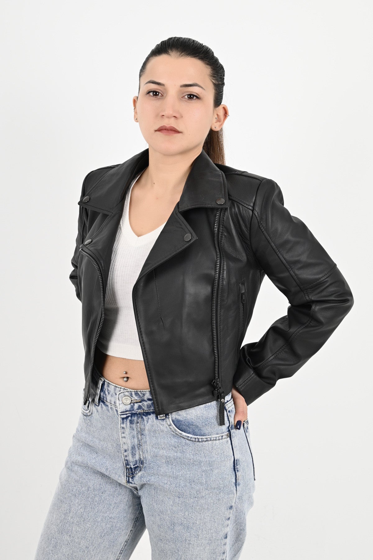 ALiN Topaz Women's Genuine Leather Crop Leather Jacket Black