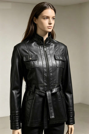 ALiN Yara Women's Genuine Leather Belted Leather Coat Black