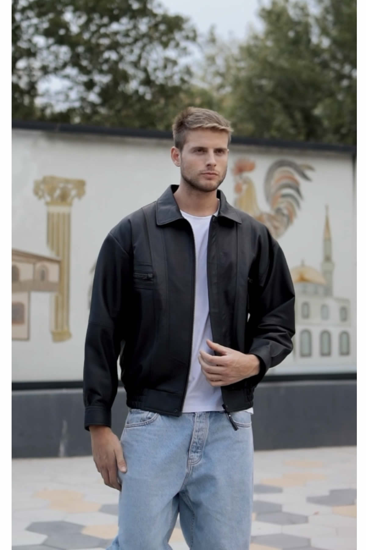 Men's Oversize Leather Coat, Black Genuine Leather