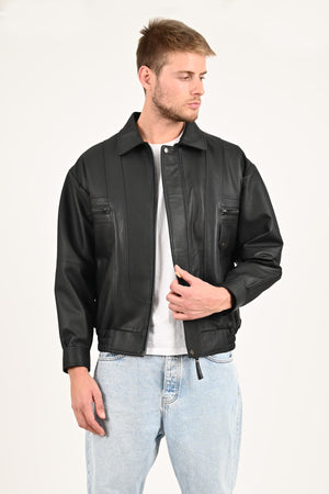 Beirut Oversize Men's Black Leather Bomber Jacket, Real Leather