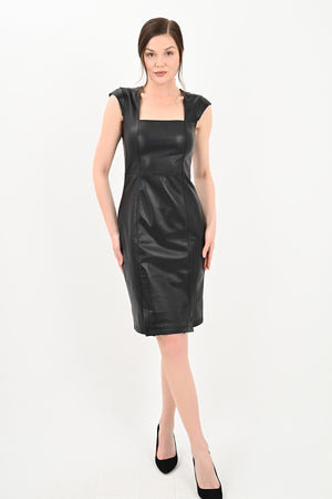 Alin Leather - Diana Square Neck Black Leather Dress