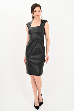 Alin Leather - Diana Square Neck Black Leather Dress