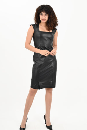 Alin Leather - Diana Square Neck Black Leather Dress