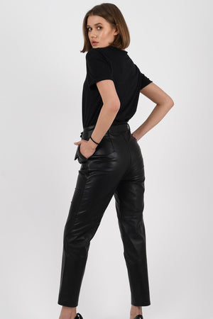 Alin Leather - Mavi Women's Tapered Leg Black Leather Trousers