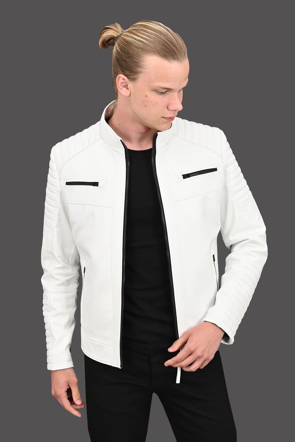 Sandor Men's Slim Fitted White Leather Jacket, Genuine Leather