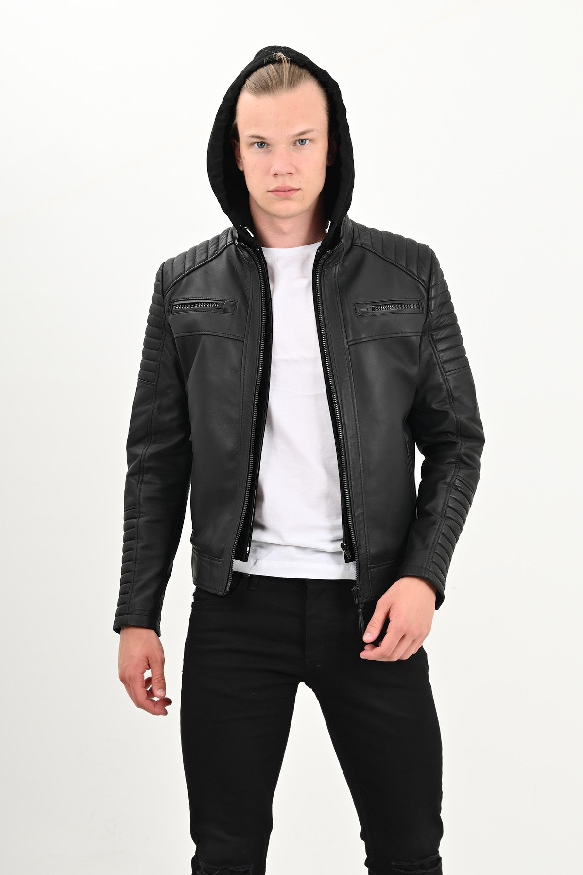 Alin Leather - Sherwood Hooded Men's Black Leather Coat
