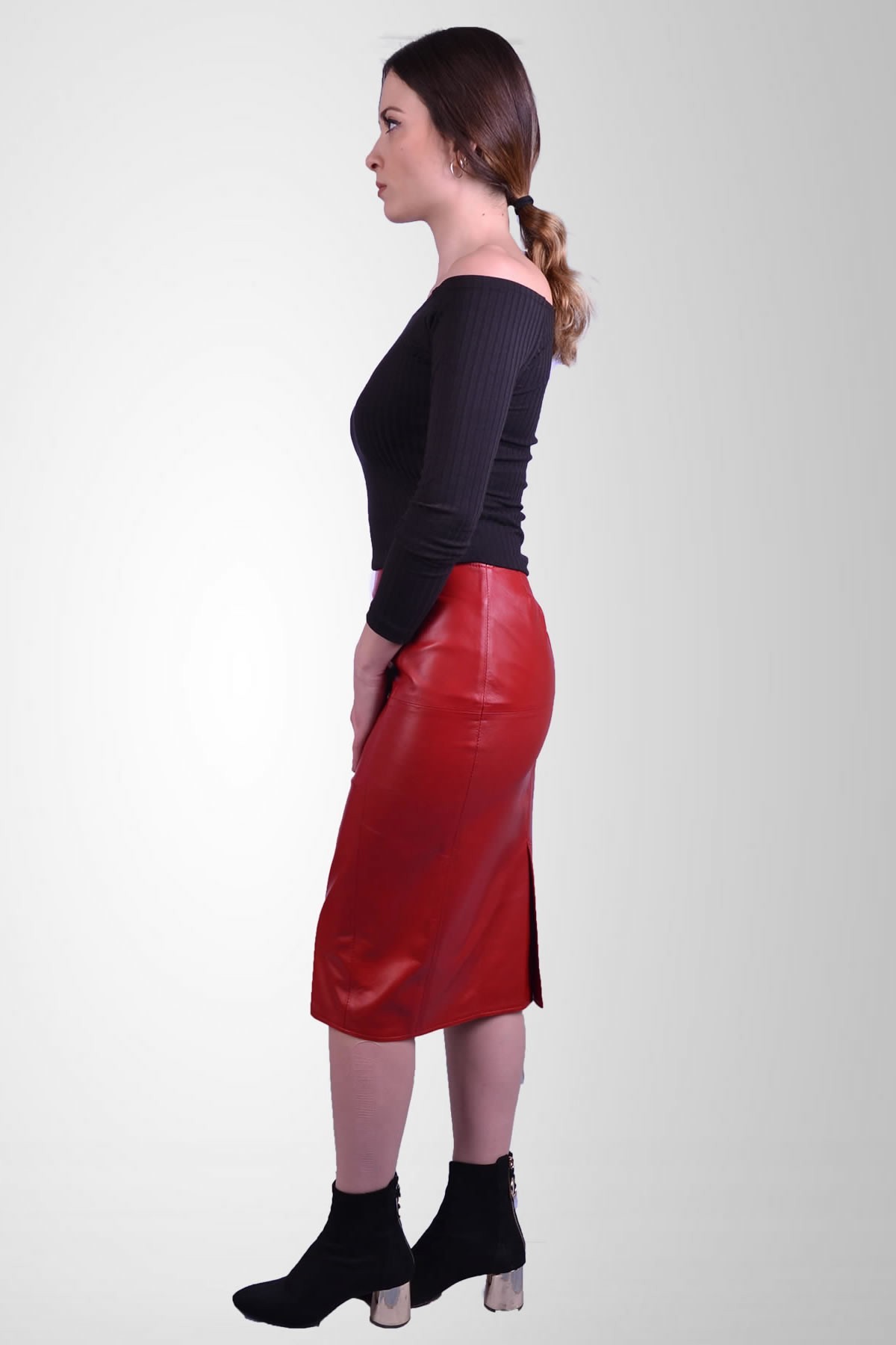 Naomi Red Leather Pencil Skirt