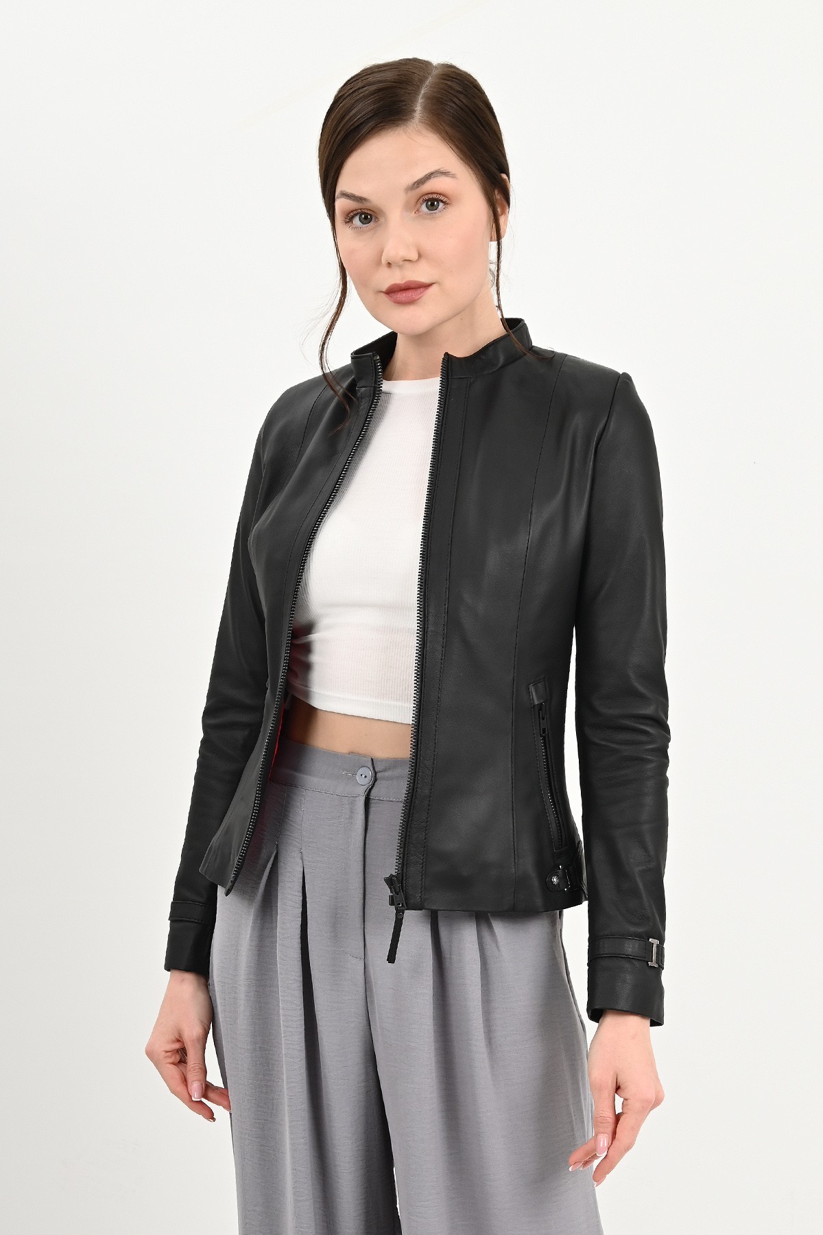 Womens Black Leather Fitted Jacket - Kibyra W4210ABH