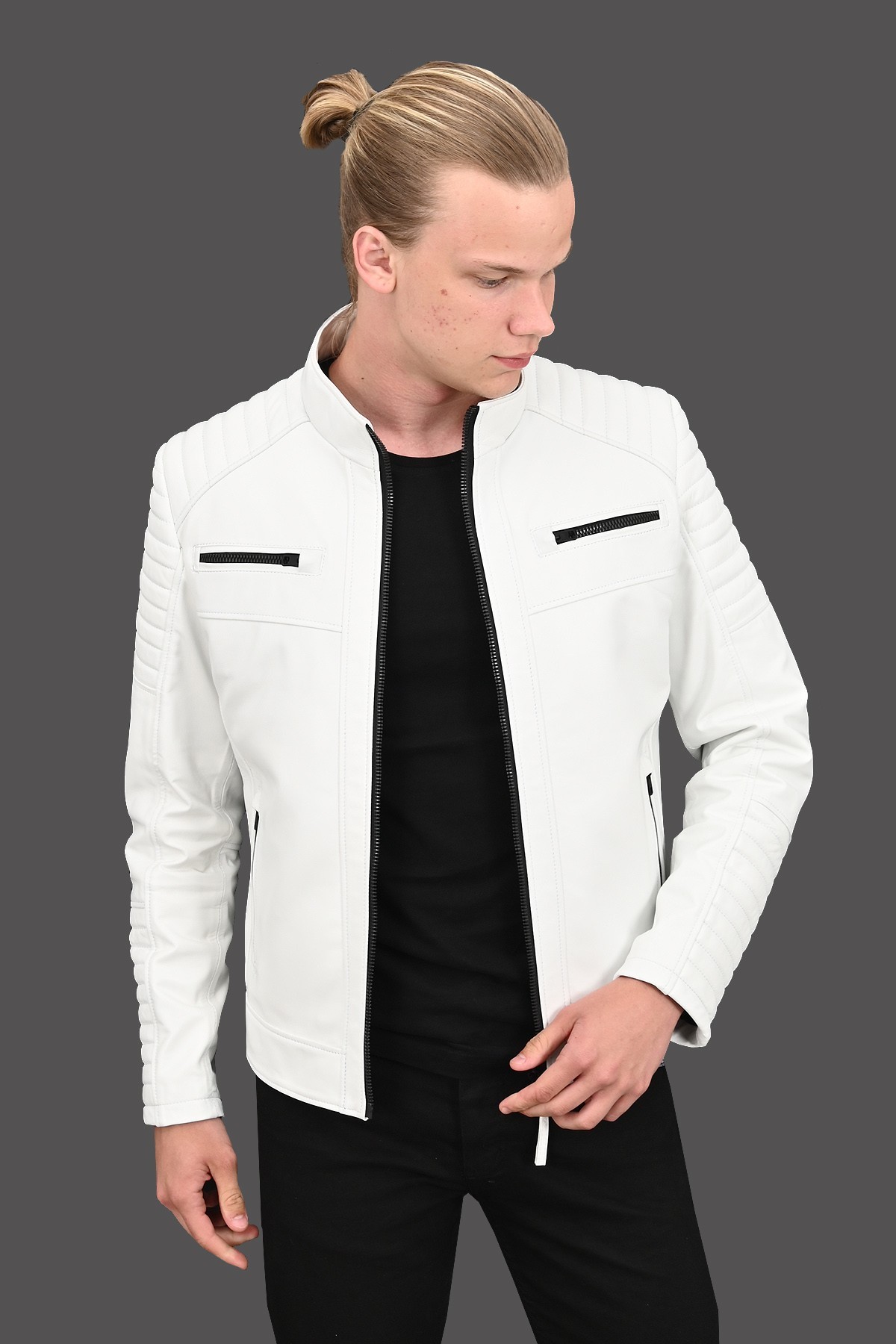 Sandor Slim Fit Men s White Leather Jacket M4075EBH Alin Leather