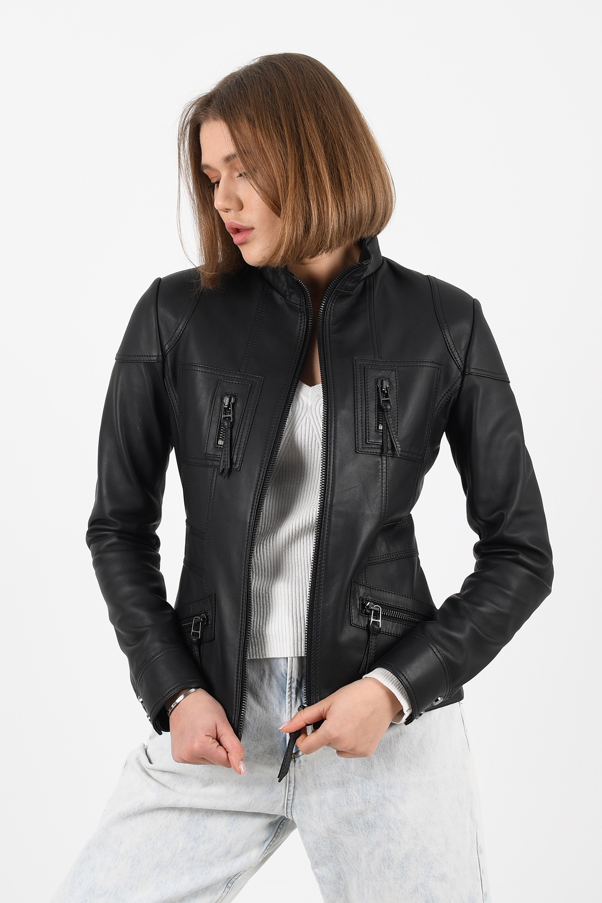 Fitted black leather jacket womens hotsell