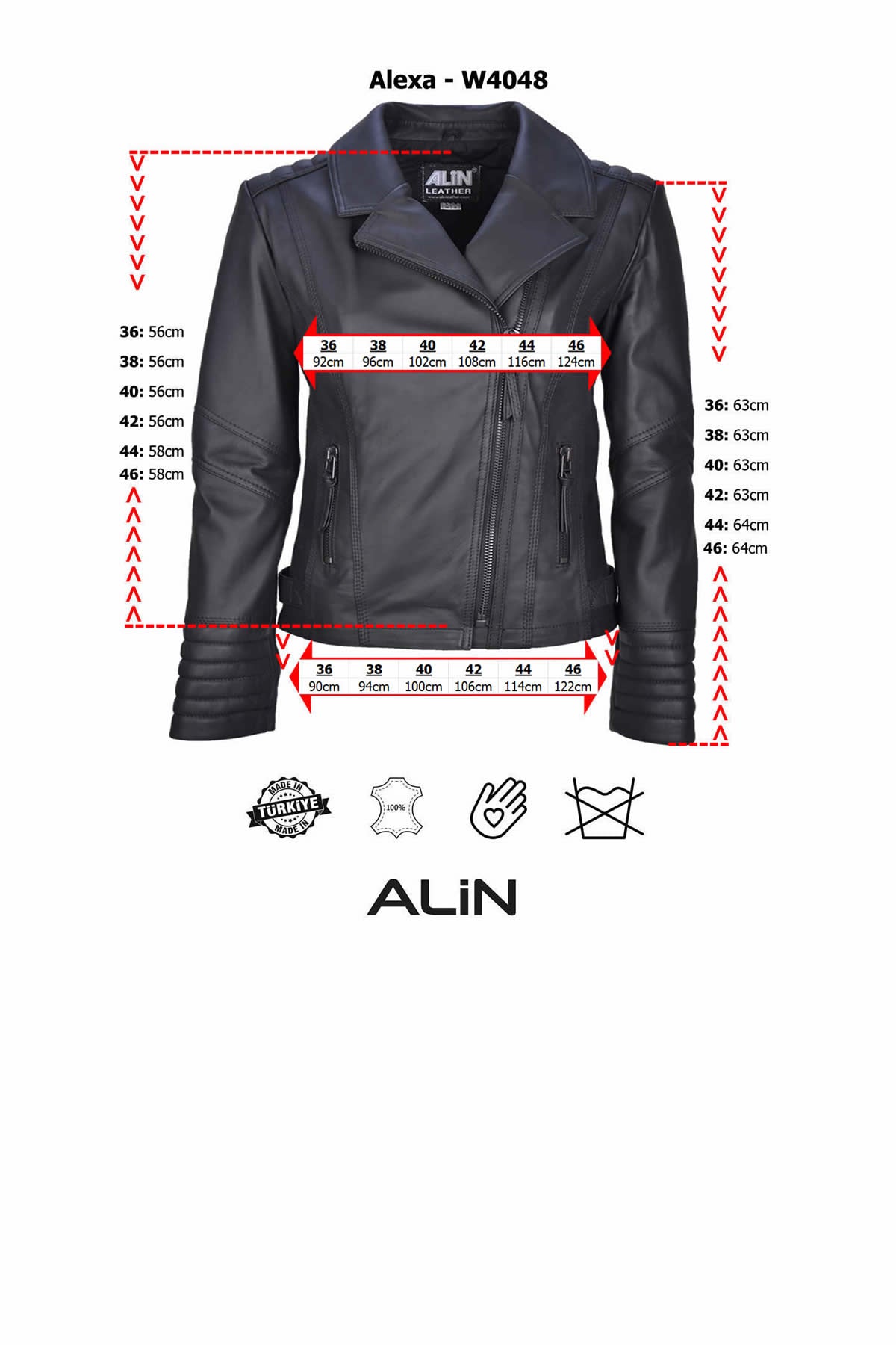 Alin Leather - Alexa Women’s Biker Leather Jacket Size Graph