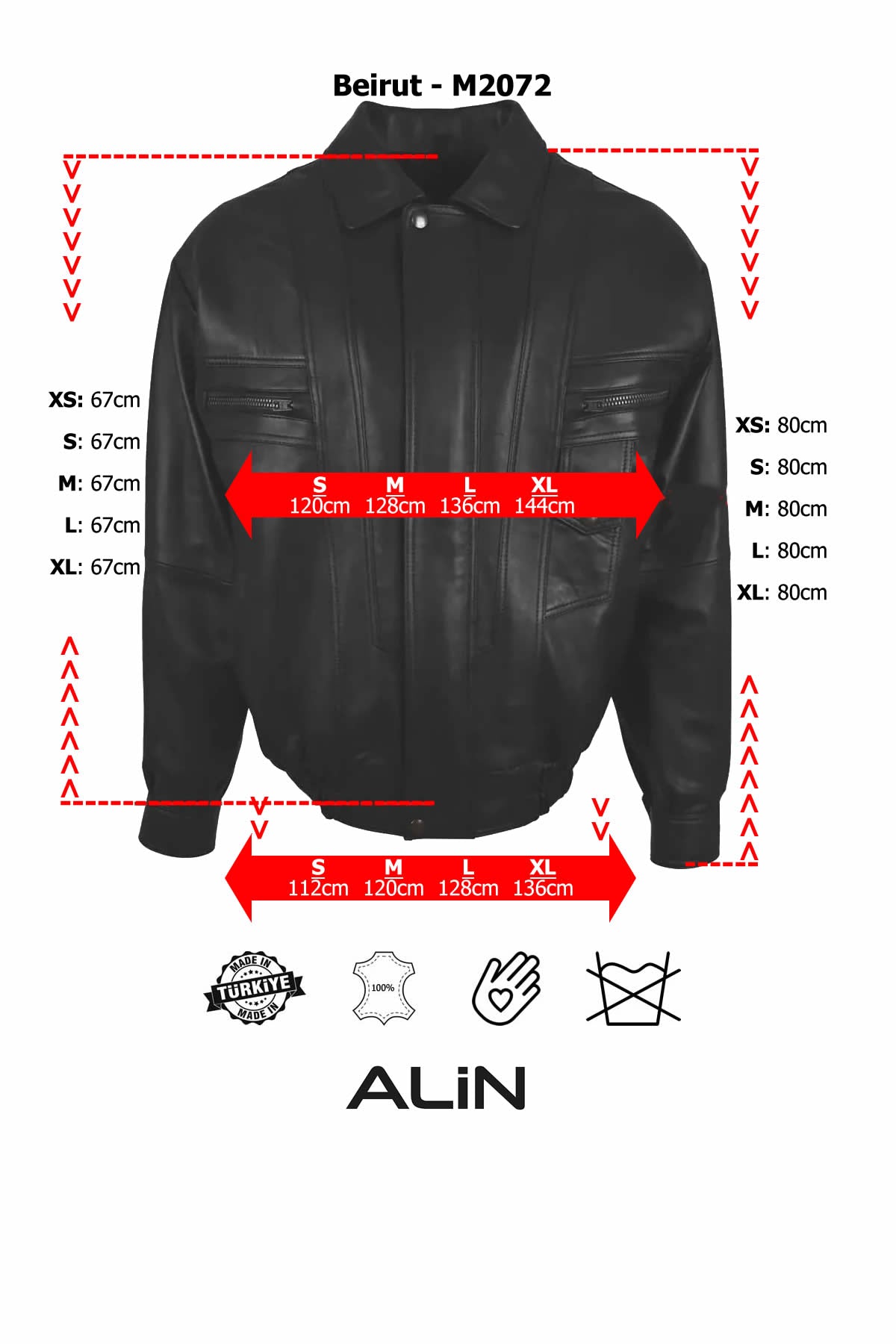 Alin Leather - Beirut Oversize Black Leather Bomber Jacket Size Graph
