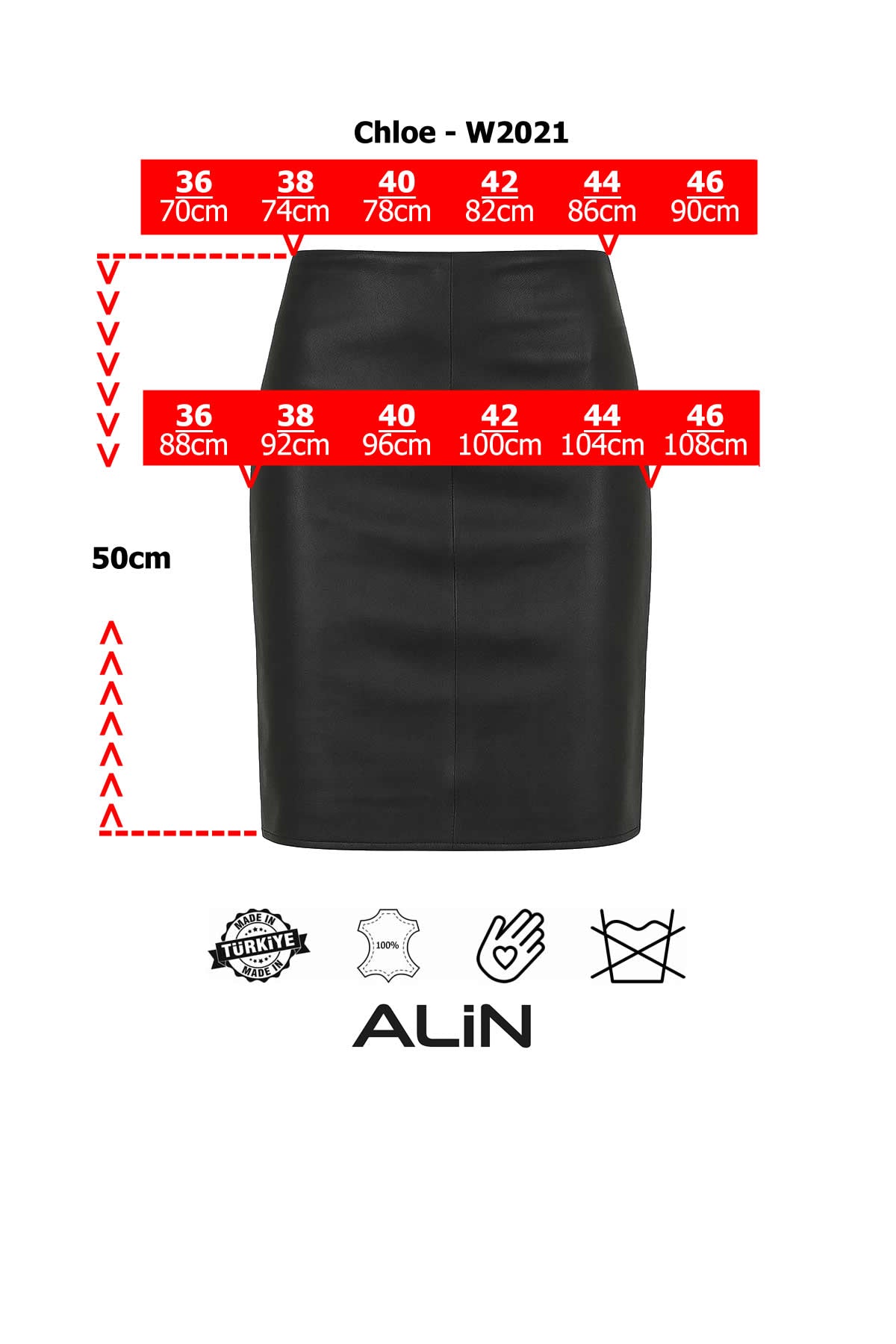Alin Leather - Chloe Mid-Length Leather Skirt Size Graph
