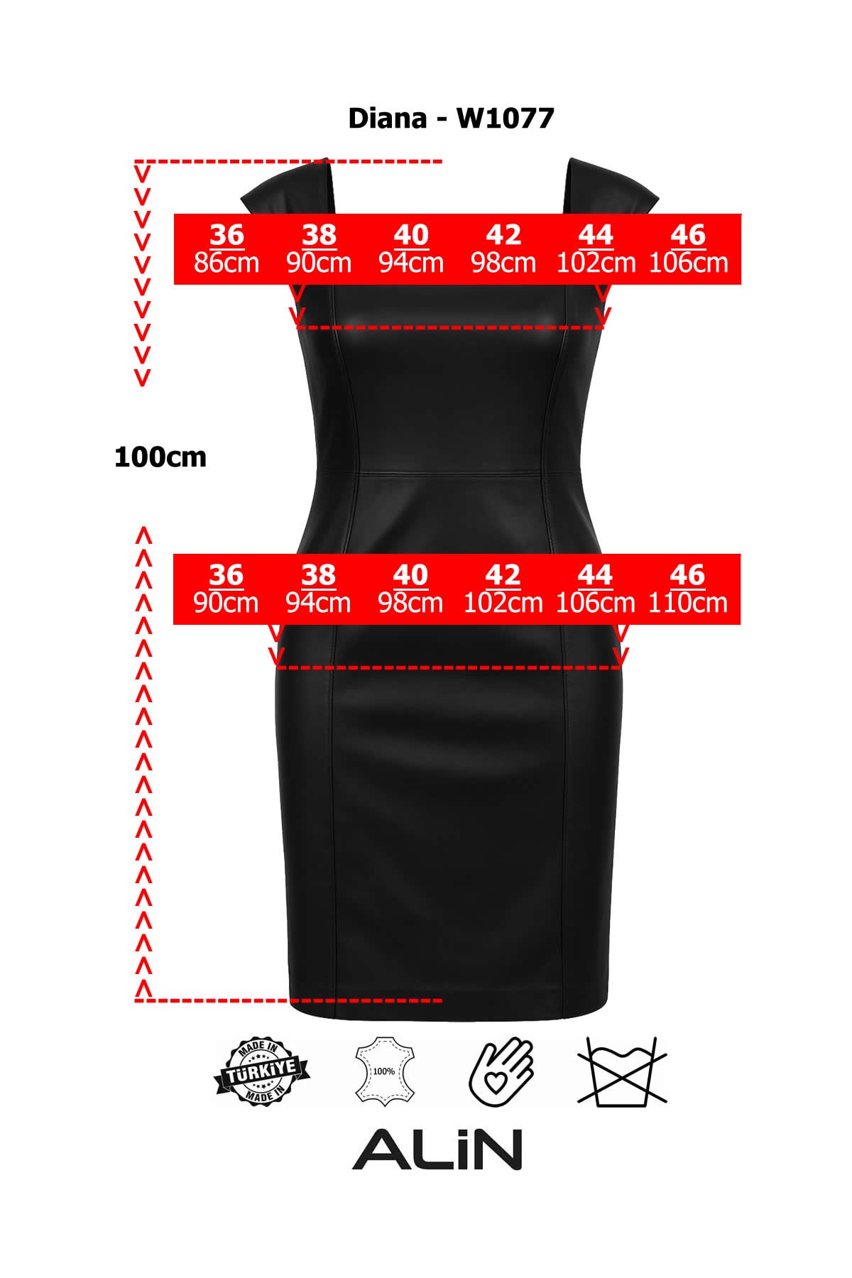 Alin Leather - Diana Square Neck Leather Dress Size Graph
