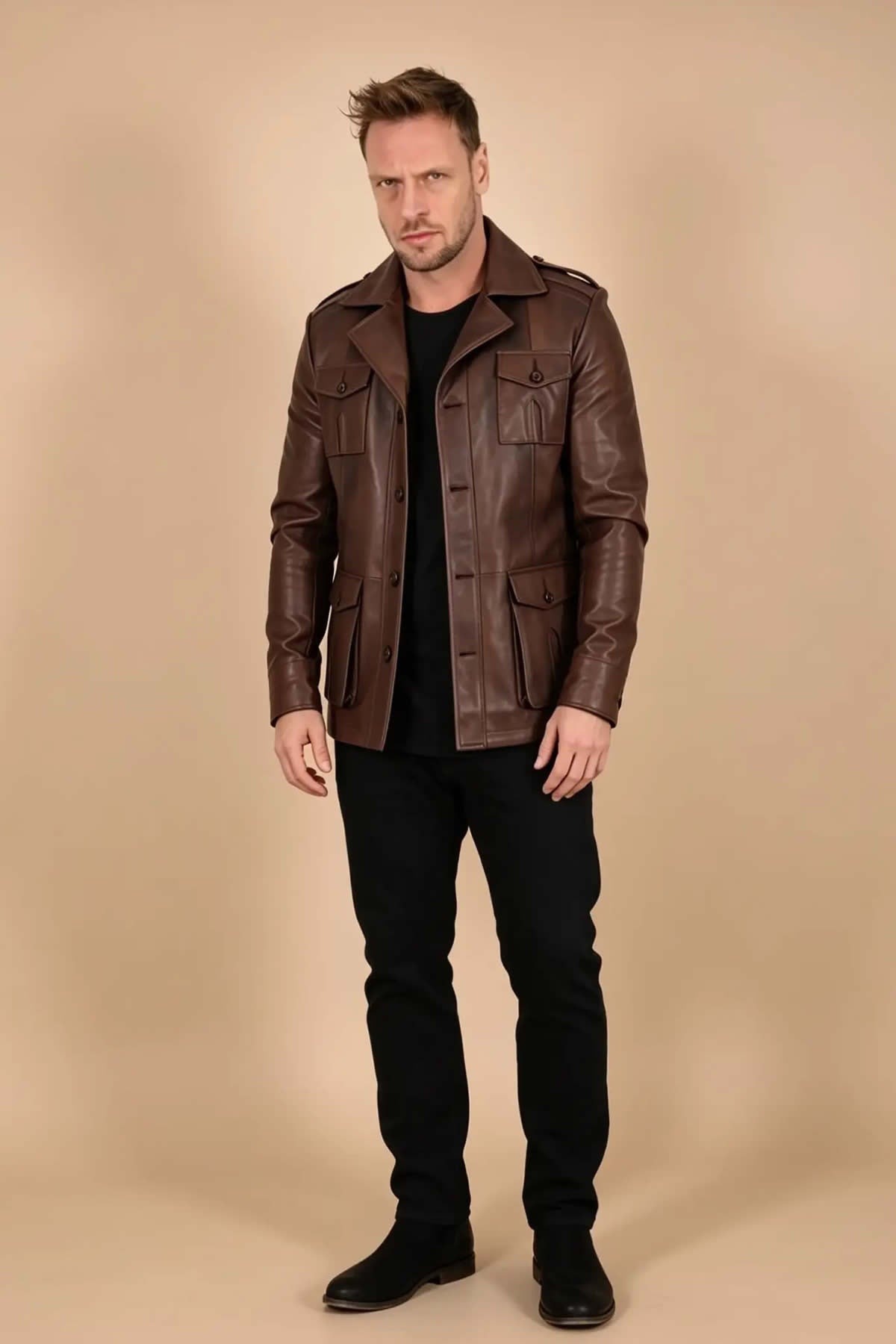Alin Leather Harrison Safari Men’s Real Brown Leather Coat