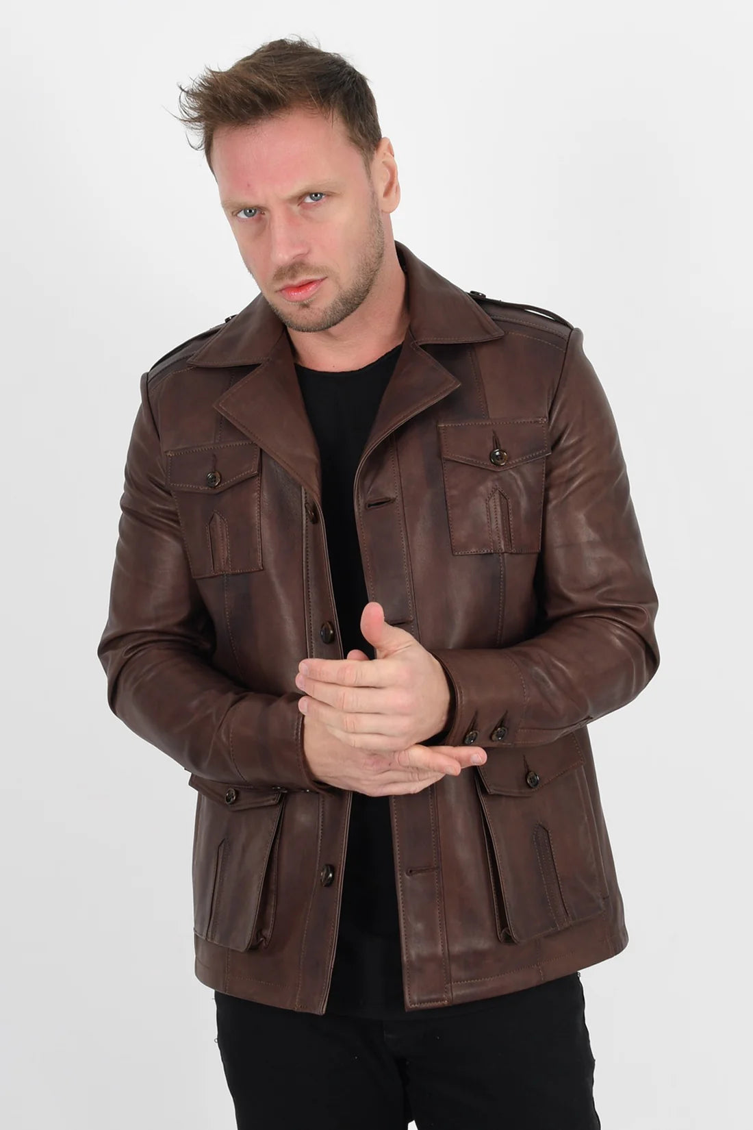 Alin Leather Harrison Safari Men’s Real Brown Leather Coat
